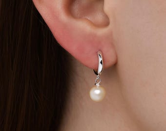Freshwater Pearl Hoop Earrings • Sterling Silver Hinged Huggie Hoops • 20mm Drop Earrings • Pearl Jewellery Gift for Her •