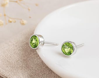 Peridot Stud Earrings • Sterling Silver August Birthstone • Natural Gemstone Studs • Gift for Her • Dainty Green Earrings •