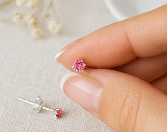 Sterling Silver Pink Tourmaline Micro Stud Earrings: Minimalist Jewellery, 3mm