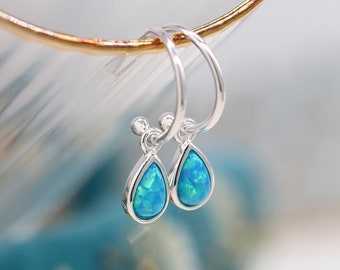 Teardrop Blue Opal Half Hoop Earrings in Sterling Silver, Delicate Blue Opal Earrings, Opal Hook Earrings