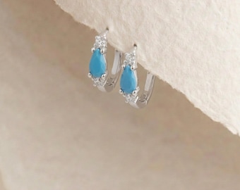Turquoise Huggie Hoop Earrings in Sterling Silver
