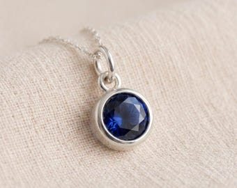 Tiny Personalised September Sapphire Birthstone Pendant Necklace In Sterling Silver