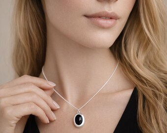 Personalised Sterling Silver Black Onyx Gemstone Locket Necklace With Photos