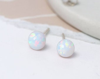 Sterling Silver White Opal Bead Stud Earrings