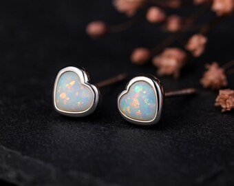 Sterling Silver White Opal Heart Stud Earrings