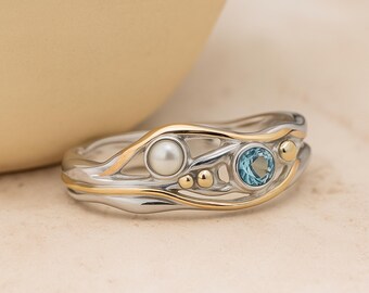 Molten Sterling Silver, Blue Topaz and White Freshwater Pearl Ring