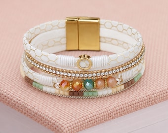 White And Gold Mix Multistrand Leather Cuff Bracelet