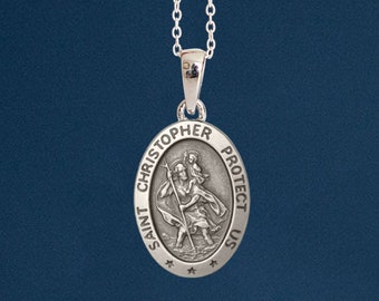 Personalised Mens Oxidised Oval Sterling Silver St Christopher Necklace