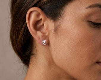 Personalised Moon And Star Stud Earrings In Sterling Silver