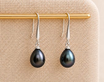 Sterling Silver Black Freshwater Pearl Drop Earrings – 8mm