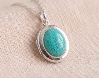 Personalised Amazonite Engraved Photo Locket Necklace In Sterling Silver