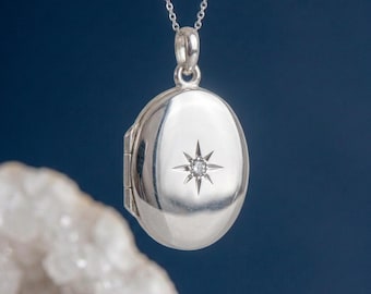 Personalised Large Oval Star Photo Locket Necklace In Sterling Silver
