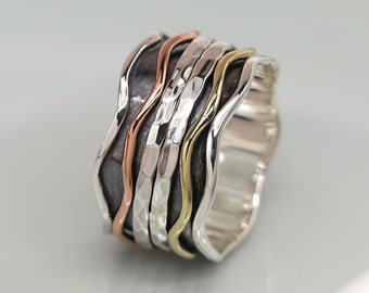 Personalised Sterling Silver Mixed Wave Spinner Ring