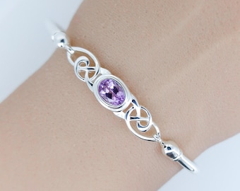 Solid Sterling Silver Celtic Amethyst Bangle
