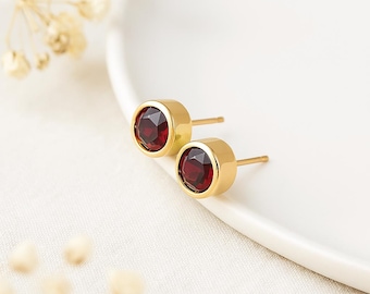 Garnet Stud Earrings • 18ct Gold-Plated Sterling Silver • January Birthstone Gift • Red CZ Studs • Dainty Gold Earrings for Her •