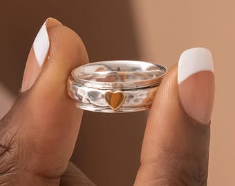Personalised Sterling Silver & Brass Heart Spinner Ring – 6mm