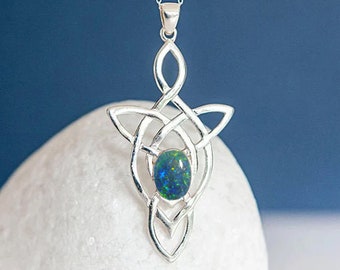 Genuine Opal Triplet Celtic Knot Necklace in Sterling Silver, Motherhood Knot, 24th Wedding Anniversary Gift, October Birthday