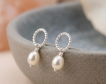 Freshwater Pearl Karma Circle Stud Drop Earrings In Sterling Silver
