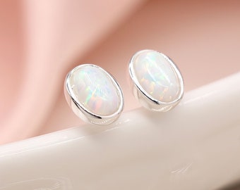 Oval Sterling Silver White Opal Stud Earrings