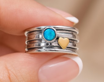 Personalised Sterling Silver Blue Opal Heart Spinner Ring