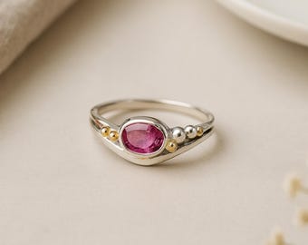 Ruby Molten Ring • Sterling Silver Organic Ring with 14kt Gold Wire • Faceted Ruby Birthstone Ring • Handmade Gift for Her •