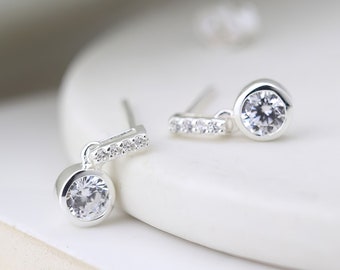 Sterling Silver CZ Bar Drop Stud Earrings