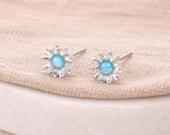 Sterling Silver Blue Opal Daisy Stud Earrings – 6mm