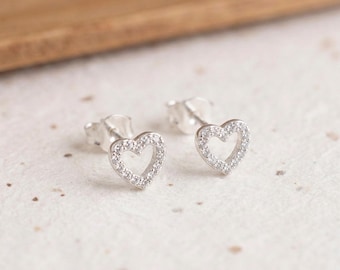 Open Heart Stud Earrings in Sterling Silver with Cubic Zirconia