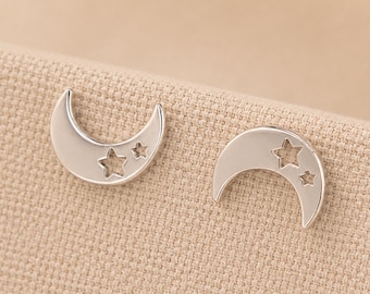 Sterling Silver Moon and Star Stud Earrings – 10mm x 7mm