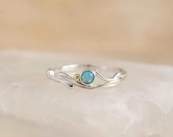Blue Opal Engagement Ring in Molten Sterling Silver and Gold