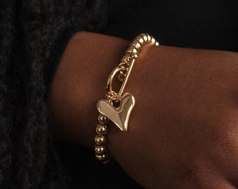 Gold Plated Heart Charm T Bar Bracelet