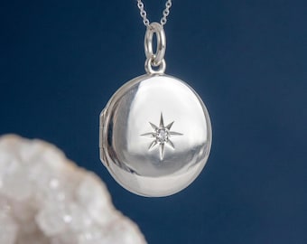 Personalised Round Starburst Photo Locket Necklace In Sterling Silver