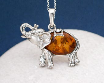 Personalised Sterling Silver Amber Elephant Necklace, Genuine Baltic Amber Pendant, 20x28mm