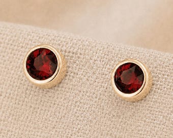 7mm Gold Plated Sterling Silver January Garnet Birthstone Stud Earrings