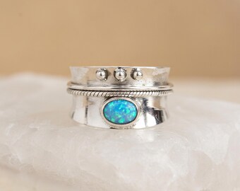 Personalised Sterling Silver Wide Blue Opal Spinner Ring