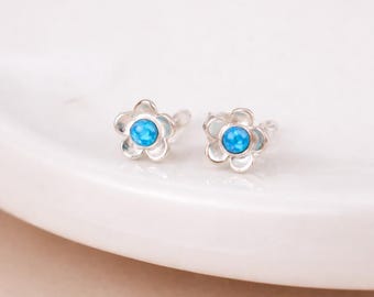 Sterling Silver Forget-Me-Not Stud Earrings: Blue Opal Flower