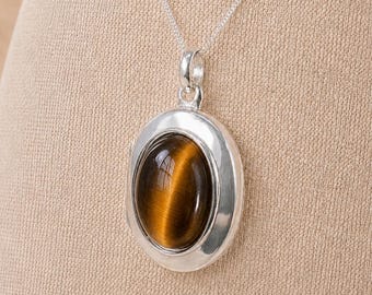 Personalised Sterling Silver Gold Tigers Eye Gemstone Photo Locket Necklace
