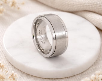 Mens Personalised Brushed Stainless Steel Wide Spinner Ring – 8mm
