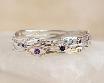 Blue Topaz, Iolite and Amethyst Hinged Bangle in Molten Sterling Silver and Gold