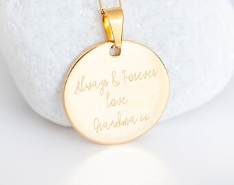 Personalised Own Handwriting Lightweight 9ct Yellow Gold Coin Disc Pendant Necklace