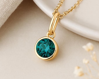 Emerald Birthstone Pendant • May Charm Necklace in Gold • Dainty Cubic Zirconia Gift • Personalised Birth Month Jewellery