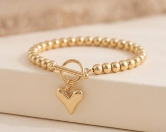 Beaded Heart T Bar Stretch Bracelet with Gold Plating