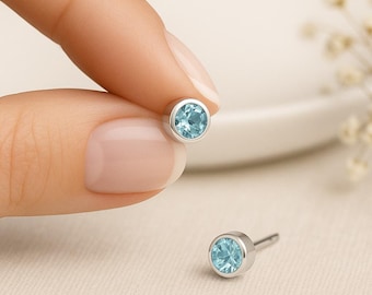 Sterling Silver Aquamarine Stud Earrings: March Birthstone, 7mm