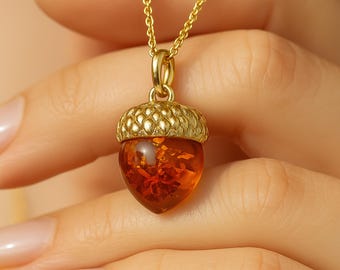 Personalised Gold Plated Sterling Silver Baltic Amber Acorn Necklace