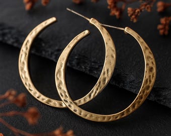 Large Gold Plated Hammered Hoop Earrings