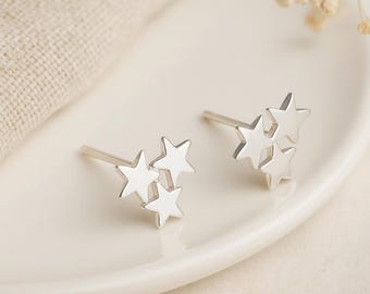 Triple Star Stud Earrings • Sterling Silver Celestial Earrings • 8mm Dainty Star Cluster Studs • Gift for Her • Everyday Star Jewellery •