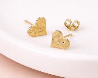 Gold Plated Sterling Silver Hammered Heart Stud Earrings – 8mm
