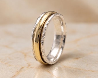 Personalised Organic Spinner Ring in Molten Sterling Silver and Brass