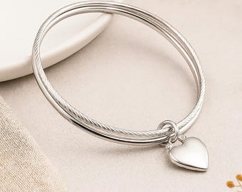 Personalised Heavy Sterling Silver Double Bangle With Heart Charm
