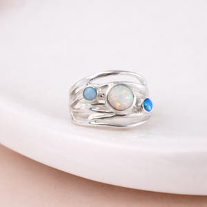 Molten Sterling Silver Blue and White Opal Trio Ring